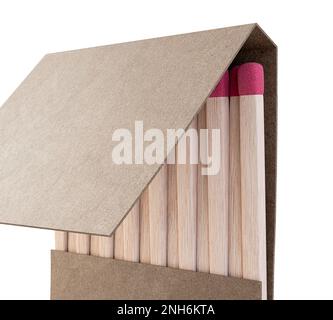 Un libro aperto di fiammiferi realizzati con legno con punte rosa in un generico libro di cartone bianco senza marchio su uno sfondo isolato - rendering 3D Foto Stock