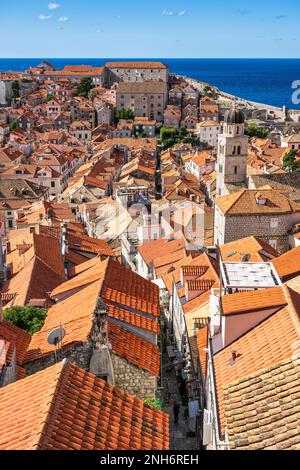 Vista dalla Torre Minčeta verso sud attraverso i tetti di tegole rosse nella città vecchia di Dubrovnik, sulla costa dalmata della Croazia Foto Stock