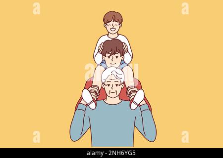 Uomini di diverse generazioni posano per una foto di famiglia dietro il padre e sorridendo guardando lo schermo. l'uomo anziano si pone con figlio e nipote durante la celebrazione del giorno dei padri Illustrazione Vettoriale