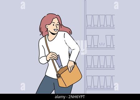 Donna rubare il prodotto di bellezza dallo scaffale in negozio. Taccheggio femminile sospetto in negozio di cosmetici o boutique. Kleptomania. Illustrazione vettoriale. Illustrazione Vettoriale