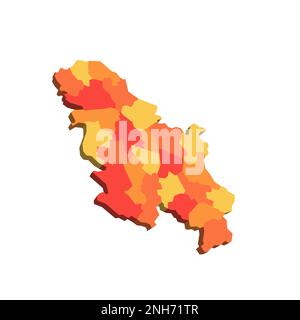 Serbia mappa politica delle divisioni amministrative - okrums e città autonoma di Belgrado. Mappa 3D in tonalità di colore arancione. Illustrazione Vettoriale