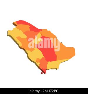 Arabia Saudita carta politica delle divisioni amministrative - province o regioni. Mappa 3D in tonalità di colore arancione. Illustrazione Vettoriale