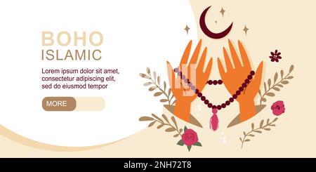 Banner orizzontale boho islamico con le mani che tengono le perle piatto illustrazione vettoriale Illustrazione Vettoriale