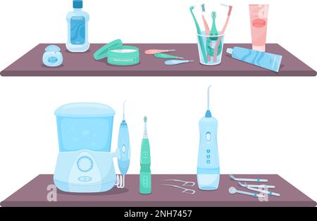 Composizione per l'igiene dentale con set di dentifrici a crema piatta, aghi e dentifrici in piedi su scaffali a parete, illustrazione vettoriale Illustrazione Vettoriale