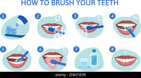 Composizione piatta per l'igiene dentale con set di icone rotonde per la bocca infografica con punte per la pulizia dei denti, illustrazione vettoriale Illustrazione Vettoriale