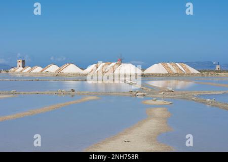 Cumuli di sale crudo ricoperti di piastrelle di terracotta, saline di Trapani Foto Stock