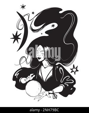 Bella strega con capelli lunghi e un cristallo magico nelle sue mani, moderna stampa vettoriale boho, mistica donna con luna e stelle, inchiostro nero grafi lineari Illustrazione Vettoriale