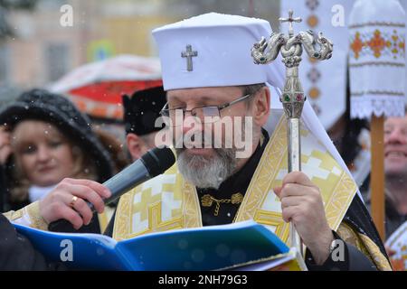 Chortkiv - Ternopil - Ucraina - 4 febbraio 2023. Il Capo dell'UGCC, sua Beatitudine il Patriarca Sviatoslav, ha visitato la Cattedrale di Chortko Foto Stock