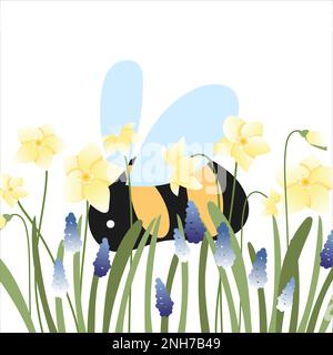 cartolina primaverile con bumblebee. Animale fiorito con sfondo floreale Narciso Illustrazione Vettoriale