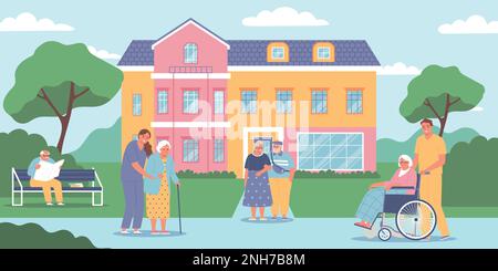 Concetto di casa di cura con le persone anziane che camminano all'aperto piano vettore illustrazione Illustrazione Vettoriale