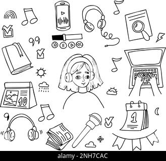 Podcast di raccolta doodles. Ragazza carina in cuffie ascolta la musica. Telefono, microfono, digitazione a mani su computer portatile, libro e documenti. Illustrazione vettoriale. Illustrazione Vettoriale