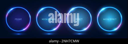 Cornici al neon rotonde con effetti luminosi e evidenziazioni su sfondo scuro. Illustrazione Vettoriale
