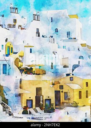 Acquerello illustrazione dell'isola di Santorini, Grecia. Acquerello. Foto Stock