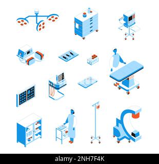 Set isometrico di icone con strumenti chirurgici e interno della sala operatoria isolato su sfondo bianco 3D illustrazione vettoriale Illustrazione Vettoriale