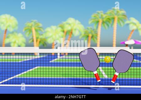 Pickleball due racket ball sullo sfondo del campo griglia. Estate palme banner 3D rendering Foto Stock