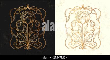 Cornice con tulipano nello stile Art Nouveau. Bella annata tulipano composizione floreale 1920-1930 anni. Illustrazione Vettoriale
