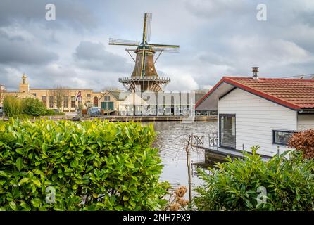 Mulino a vento storico lungo il fiume Reno nella città olandese di Leiden, provincia Sud Olanda Foto Stock