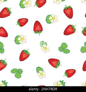 Motivo senza cuciture con fragole, frutti di bosco e fiori. Dolce cibo ripetizione tessuto sfondo. frutti biologici. Illustrazione Vettoriale
