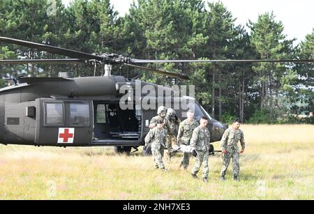 Circa 60 corpsmen dell'ospedale della marina hanno partecipato all'operazione che comanda la forza, l'esercitazione annuale di due settimane di addestramento, a Fort Drum. L'evento culminante del 21 luglio ha incluso la pratica tattica di assistenza sul campo e le procedure mediche di evacuazione con i reserviss che passano attraverso un corso di ostacolo di lettiera. Il corso è stato sostenuto da cadri del Bridgewater-Vaccaro Medical Simulation Training Center (MSTC), del 10th Battle Aviation Brigade 3rd General Support Aviation Battalion (DUSTOFF) e da medici del 1st Brigade Combat Team e del 2nd Brigade Combat Team. (Foto di Mike Strasser, Fort Drum Garrison P Foto Stock