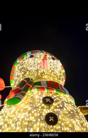 Luci da neve colorate e brillanti con berretto a righe e sciarpa, bottoni neri e naso di carota hanno fatto salire una mano accogliente nei guanti. Foto Stock