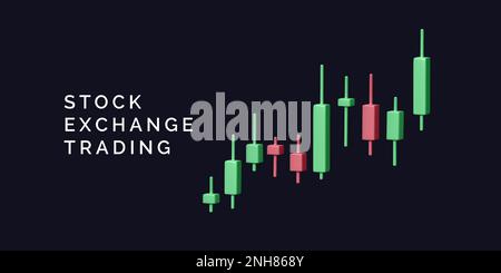 Banner di trading sul mercato azionario. Sall e acquistare asset. 3D grafico a candele con aumento del prezzo sul mercato azionario. Illustrazione vettoriale Illustrazione Vettoriale