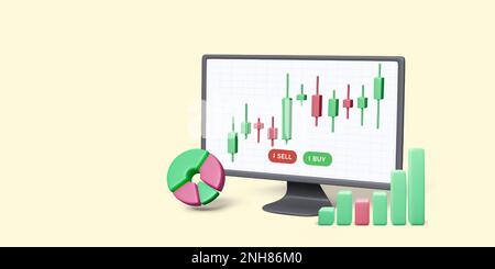 Borsa e trading forex su pc. 3D Monitor per computer con grafici e grafico a candeletta. Concetto di indice finanziario in crescita. Analisi di mercato. Vect Illustrazione Vettoriale