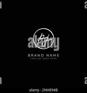 P, J, PJ lettera iniziale manoscritta e firma del logo vettoriale. Modello aziendale con disegno a linee di forma rotonda Illustrazione Vettoriale