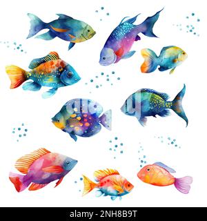 Pesci acquerello set . Pesce angelo fiamma, pesce farfalla Copperband, pesce angelo maschera viola, pesce angelo Zebra, Tang blu, Betta splendens, Leone, giallo ta Foto Stock