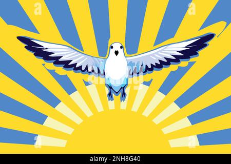 Uccello volante, colomba come simbolo di pace. Sole giallo e cielo blu. Supporto Ucraina, Stand con Ucraina banner e poster in giallo e blu Illustrazione Vettoriale