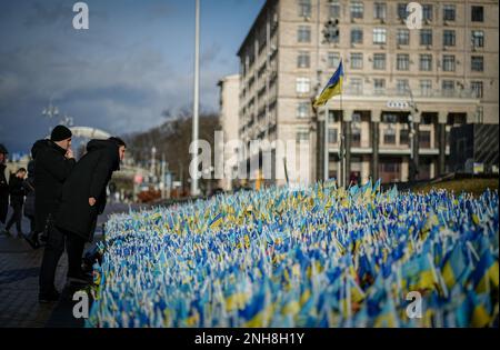 Kiew, Ucraina. 21st Feb, 2023. Passeri-di stare accanto a un mare di bandiere ucraine per i soldati uccisi sulla Maidan. Il 24 febbraio 2023 segna il primo anniversario della guerra di aggressione russa contro l'Ucraina. Credit: Kay Nietfeld/dpa/Alamy Live News Foto Stock