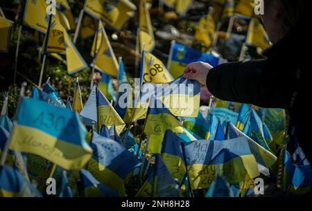 Kiew, Ucraina. 21st Feb, 2023. Un passerby guarda l'iscrizione su una bandiera Ucraina per i soldati uccisi sulla Maidan. Il 24 febbraio 2023 segna il primo anniversario della guerra di aggressione russa contro l'Ucraina. Credit: Kay Nietfeld/dpa/Alamy Live News Foto Stock