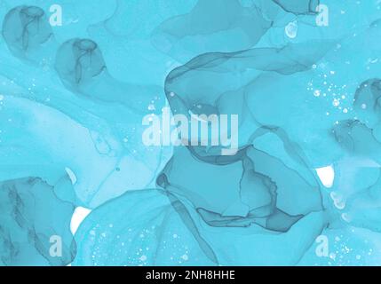 Inchiostro a base di alcol sfondo blu trasparente. Colore blu, oceano e oro. Colori naturali di lusso e moderni con glitter. Modello per banner, poste Foto Stock