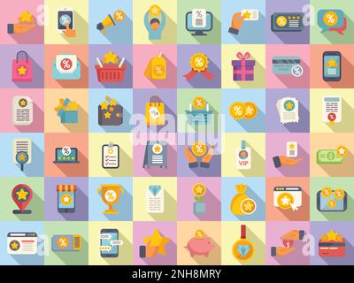Le icone del programma fedeltà clienti impostano un vettore piatto. Membro del premio. Sistema indietro Illustrazione Vettoriale