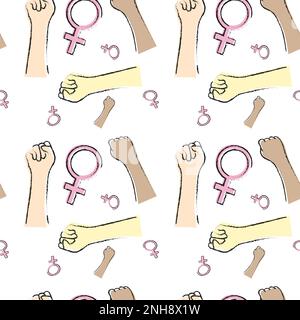 Modello senza cuciture con mani aggrappate a pugno, donne di razze diverse e un simbolo femminile. Il concetto di giornata internazionale delle donne il 8 marzo. Immagine vettoriale. Illustrazione Vettoriale