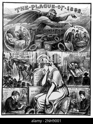 La pandemia del 1889-1890, spesso chiamata influenza russa, è stata una delle pandemie più letali della storia, uccidendo un milione di persone. Ricorreva nel 1892, quando uccise il principe Alberto Vittorio, duca di Clarence e nipote della regina Vittoria, il 14 gennaio 1892. Questa immagine della notizia illustrata della polizia del 1892 piange la sua morte. Foto Stock