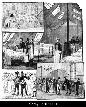 Tre illustrazioni relative alla pandemia influenzale a Parigi, dalla copertina di le Petit Parisien, gennaio 1890: L'interno e l'esterno di una speciale tenda allestita come reparto per i malati nel cortile dell'ospedale; due uomini cantano una canzone sull'influenza ad una folla; la distribuzione dei vestiti alle famiglie delle vittime. La pandemia del 1889-1890, spesso chiamata influenza russa, è stata una delle pandemie più letali della storia, uccidendo un milione di persone. Foto Stock