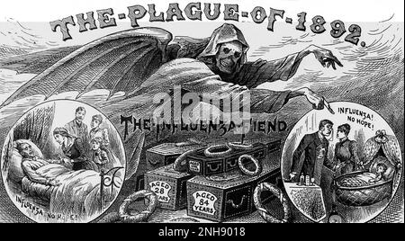 La pandemia del 1889-1890, spesso chiamata influenza russa, è stata una delle pandemie più letali della storia, uccidendo un milione di persone. Ricorreva nel 1892, quando uccise il principe Alberto Vittorio, duca di Clarence e nipote della regina Vittoria, il 14 gennaio 1892. Questa immagine del Notiziario della polizia illustrato nel 1892 piange la sua morte. Foto Stock