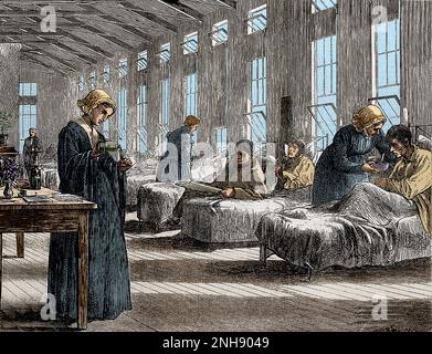 Hampstead Smallpox Hospital: Vista di una stanza con pazienti e infermieri. Questo ospedale con 90 posti letto è stato aperto nel gennaio 1870. Colorato. Foto Stock