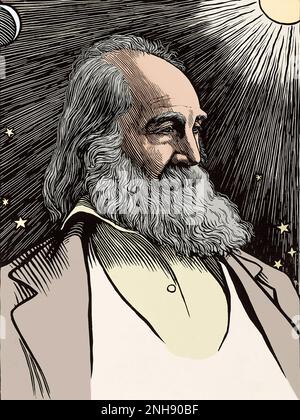 Walt Whitman (1819-1892), poeta, saggio e giornalista americano, famoso per la sua collezione di poesie del 1855 Leaves of Grass. Legno di Robert Bryden (1865-1939), artista e scultore scozzese, dal 1899. Colorato. Foto Stock