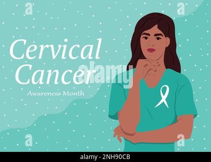 Donna latino-americana e simbolo di salute. Mese di consapevolezza ovarica del cancro in Inghilterra. Nastro ovarico per la consapevolezza del cancro. Modello vettoriale per banner Illustrazione Vettoriale