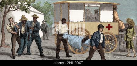 Un'ambulanza che porta i pazienti da Città del Capo all'ospedale temporaneo di Renzskies Farm durante un'epidemia di vaiolo in Sudafrica. Illustrazione dalla figura, 13 gennaio 1883. Colorato. Foto Stock