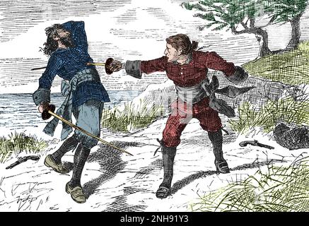 Il pirata irlandese Anne Bonny (1697-1721) travestì da uomo, uccidendo un altro marinaio in duello. Illustrazione John Abbott, 1874. Colorato. Foto Stock
