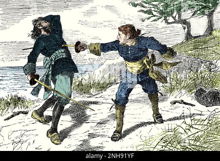 Il pirata irlandese Anne Bonny (1697-1721) travestì da uomo, uccidendo un altro marinaio in duello. Illustrazione John Abbott, 1874. Colorato. Foto Stock
