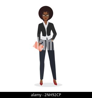 Donna d'affari africana fiduciosa. Donna d'affari che indossa il classico vestito vettoriale illustrazione del cartone animato Illustrazione Vettoriale