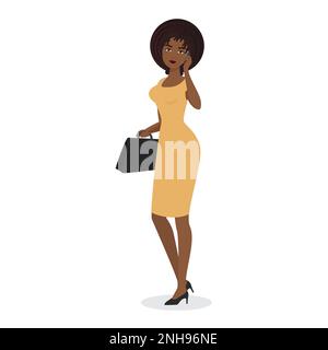 Donna africana di affari che parla al telefono. Discussione di affari, illustrazione del cartone animato vettoriale del responsabile dell'ufficio Illustrazione Vettoriale