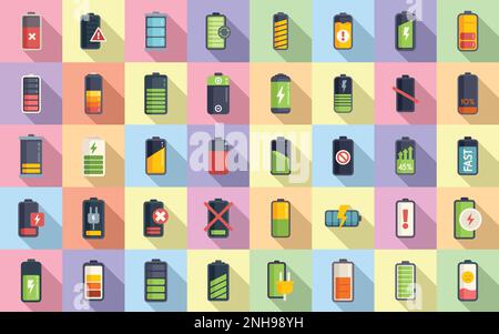 Le icone di carica della batteria impostano un vettore piatto. Energia di carica. Accendere il telefono Illustrazione Vettoriale