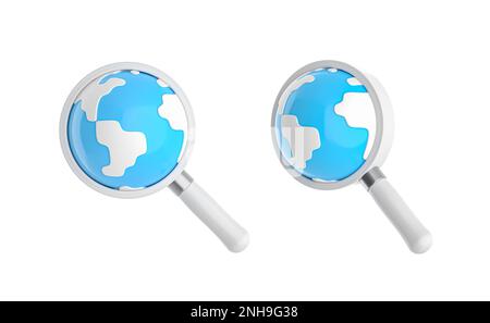 Set di 3D icone su sfondo bianco. Globo in una lente d'ingrandimento. icone ecologiche in stile pixel. rendering 3d Foto Stock