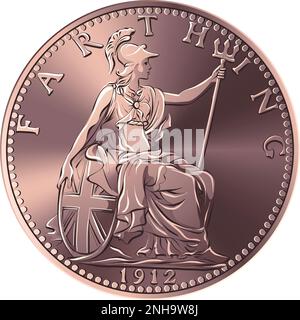 Vettore denaro bronzo moneta British Farthing, Britannia al contrario Illustrazione Vettoriale