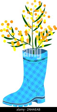 Bouquet di fiori mimosa messo su scarpe stivali di gomma a scacchi scarpe Wellington stivali colorati su blu Illustrazione Vettoriale