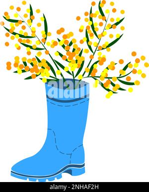 Bouquet di fiori mimosa messo su scarpe stivali di gomma Wellies stivali Wellington colorato su blu Illustrazione Vettoriale